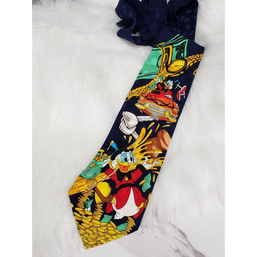 Vintage Scrooge McDuck Neck Tie money bag dollar bills gold car